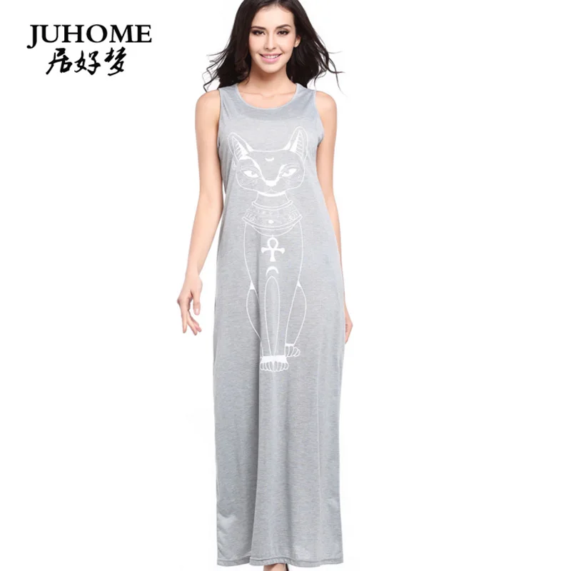 Женское длинное платье чехол свободное большого размера в пол с принтом кота