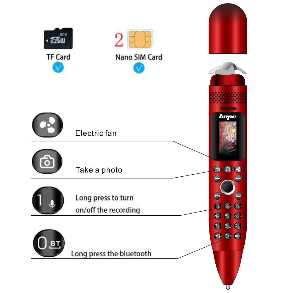 Mini Cute Pen Mobile Phone With Electric Fan 2G GSM Magic Voice Dual Sim Camera MP3 BT Dialer Recording Pen With Flashlight