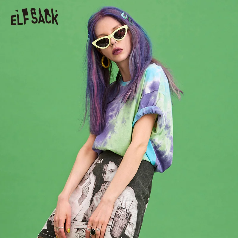 ELFSACK хлопок Tie Dye женская футболка 2019 Новая мода зеленая и фиолетовая Повседневная