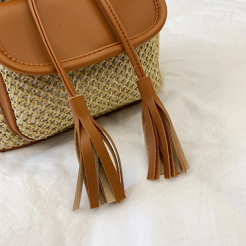 Женский Плетеный рюкзак с кисточками из кожи и соломы летняя пляжная сумка со