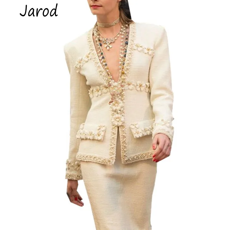 2019 spring/fall Women Deep V Neck luxury 3D Flower Beading Tweed Jacket slim coat elegant designer runway outerwear | Женская одежда