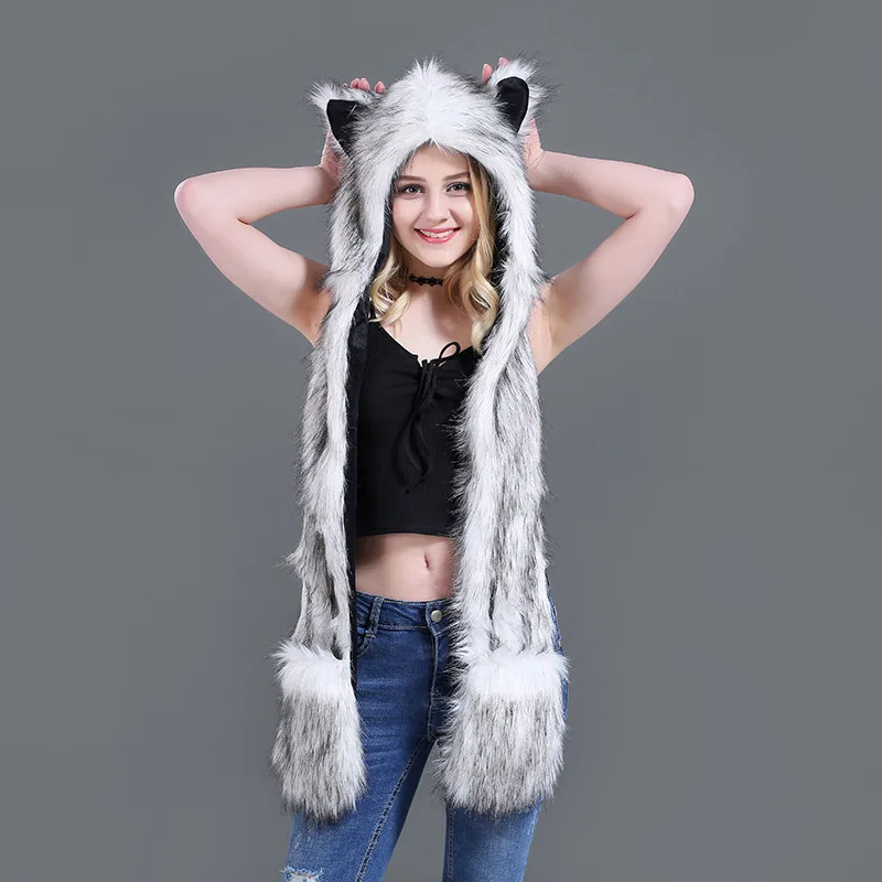 Hot sale winter Europe and America imitation fur hat plush animal cute cartoon scarf gloves one spot NV070 |