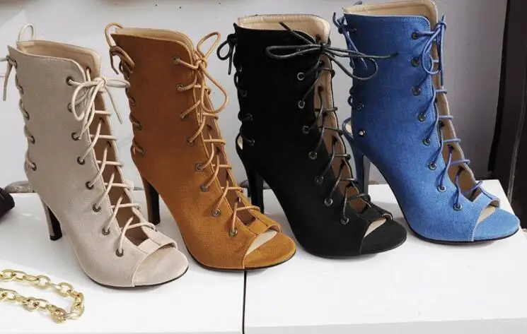 Джинсовые синие ботильоны в европейском стиле 2017 г. Летние пикантные