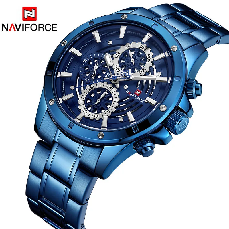 Blue Blue NAVIFORCE часы Для мужчин часы Нержавеющая сталь хронограф Бизнес Для мужчин наручные часы военные кварцевые часы Для мужчин Элитный бренд - Цвет: Blue Blue