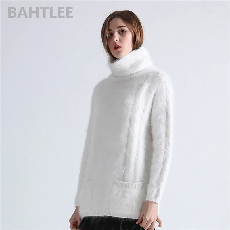 BAHTLEE Winter Women Angora Pullovers Jumper Sweater Turtleneck Mink Cashmere Knitting Pockets Long Sleeves Keep Warm Loosefir | Женская