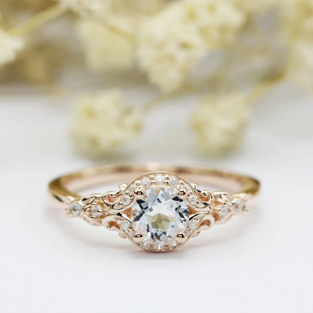Lasamero Кольца для Для женщин 0.5ct круглая огранка Натуральный аквамарин центр 925