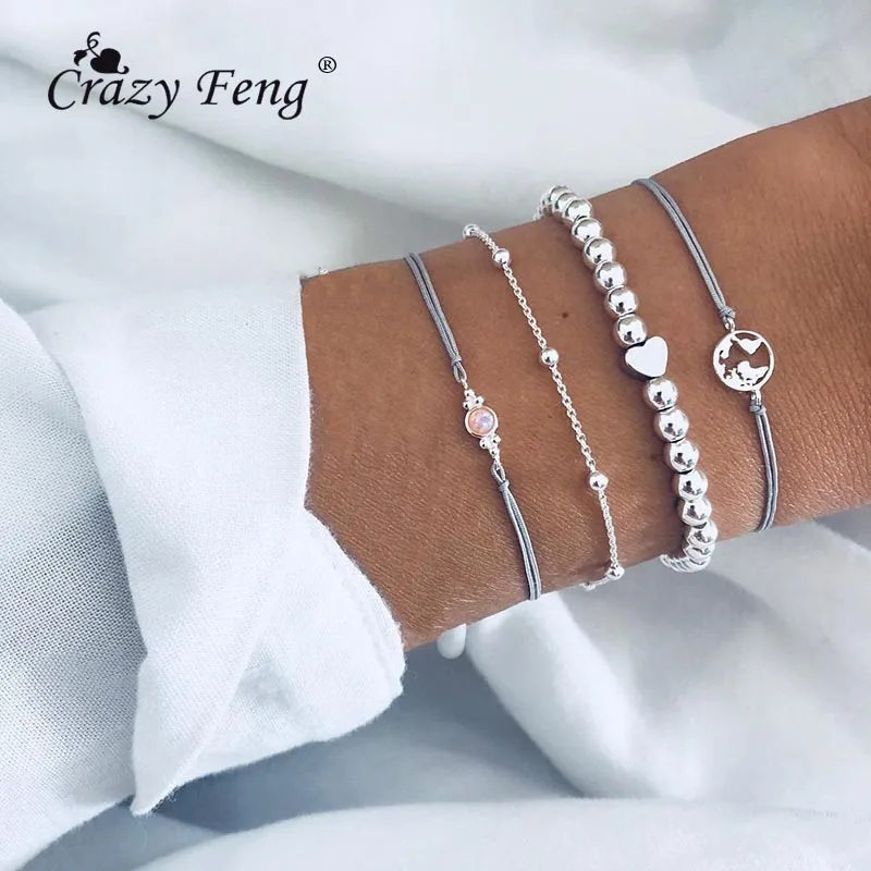 Женские кожаные браслеты Crazy Feng Vintatge Boho с кисточкой и сердцем Набор браслетов