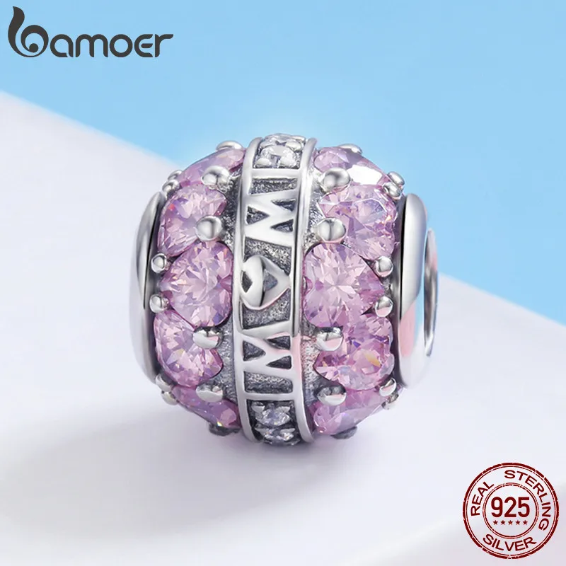 BAMOER 925 пробы серебро, мама любовь в сердце Розовый CZ Шарм подходит для женщин браслет и ожерелье ювелирные изделия подарок матери SCC580