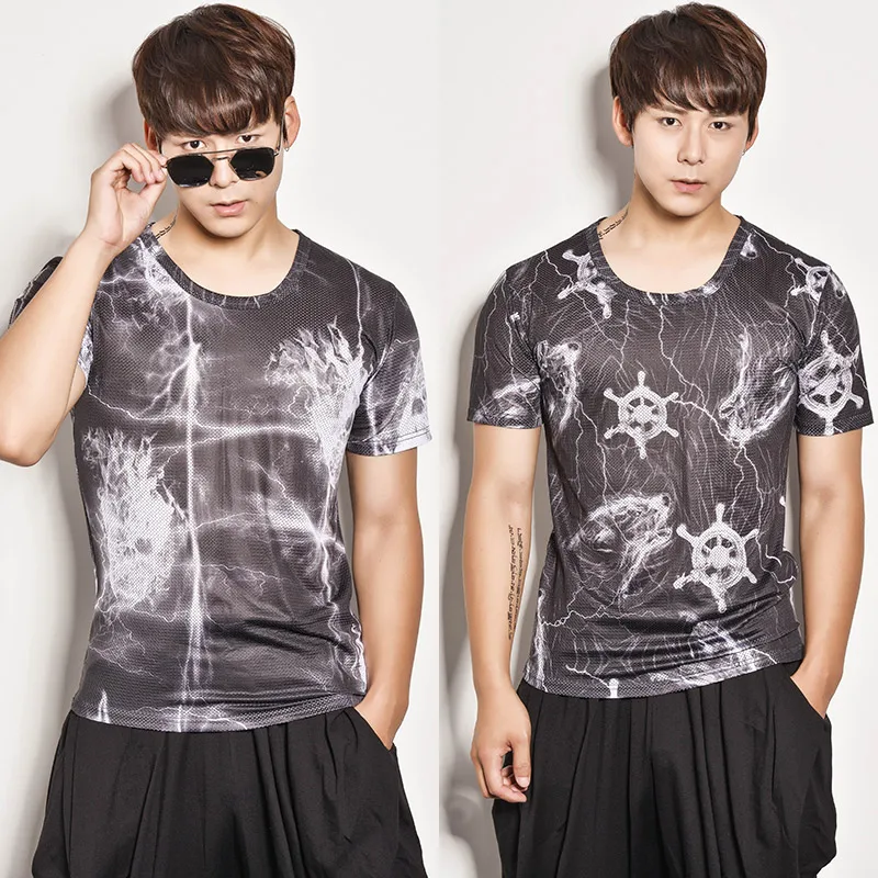 

Retro Lightning Crack Pattern Printed Round Neck Breathable Fabric Men Short Sleeves T-Shirt Nightclub Dj Singer Stage Costume
