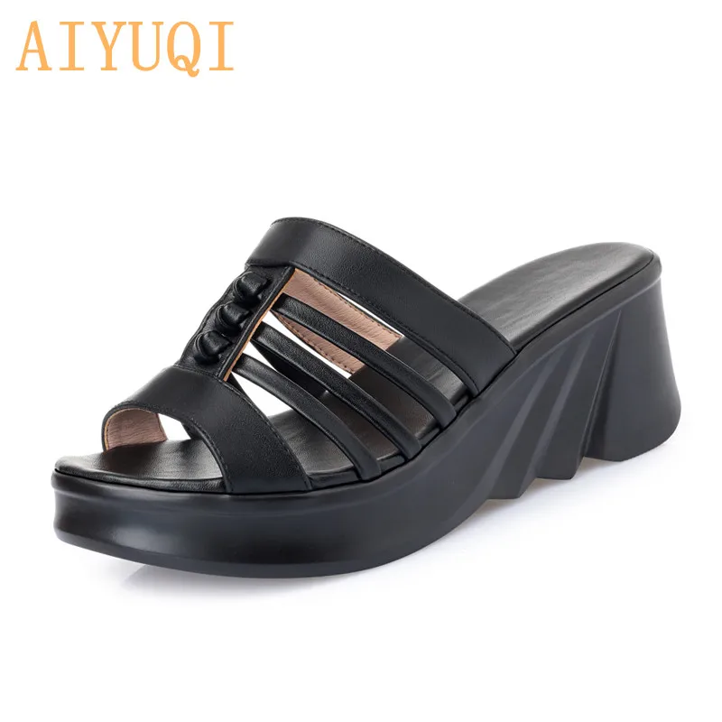 black AIYUQI босоножки женские шлепанцы на тонкой подошве; новые летние женские тапочки с открытым носком Обувь на высоком каблуке Босоножки на платформе обувь для женщин - Цвет: black