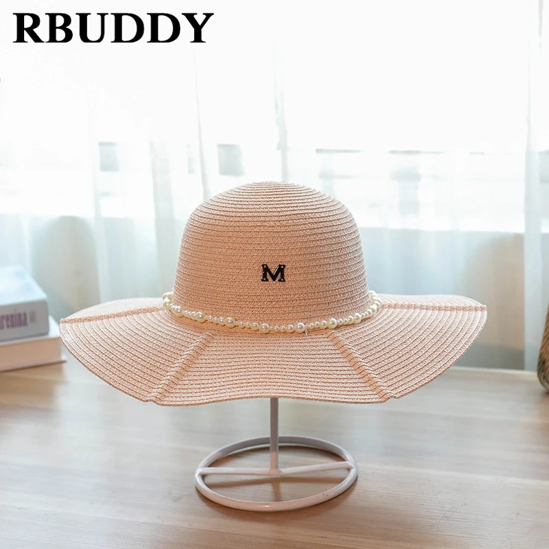 Rbuddy летние соломенные Для женщин солнца Шапки широкими полями букву м жемчужина