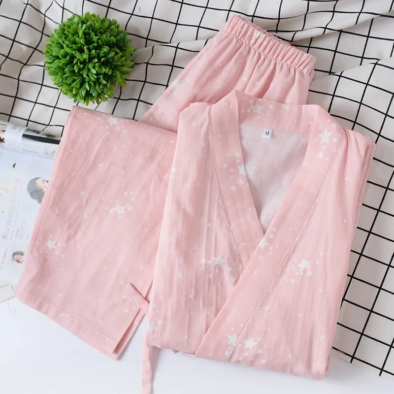 Японское кимоно женский тонкий пижамный комплект из чистого хлопка двухслойный