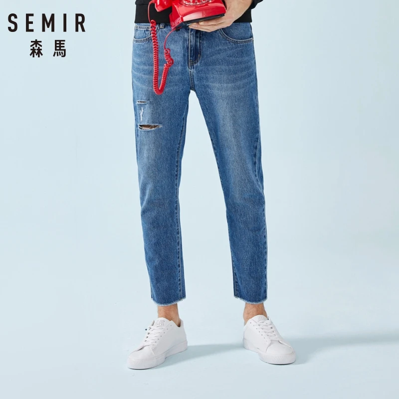 Джинсы SEMIR мужские укороченные из 100% хлопка узкие брючные джинсы с потертостями