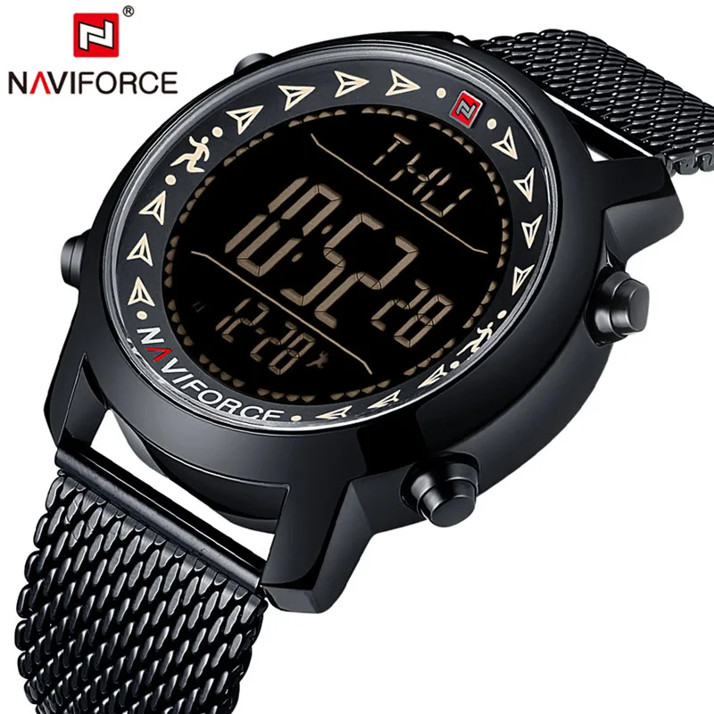 Лидирующий бренд NAVIFORCE, мужские светодиодный цифровые часы, спортивные часы, мужские военные водонепроницаемые наручные часы из нержавеющей стали, Relogio Masculino - Цвет: Black Yellow