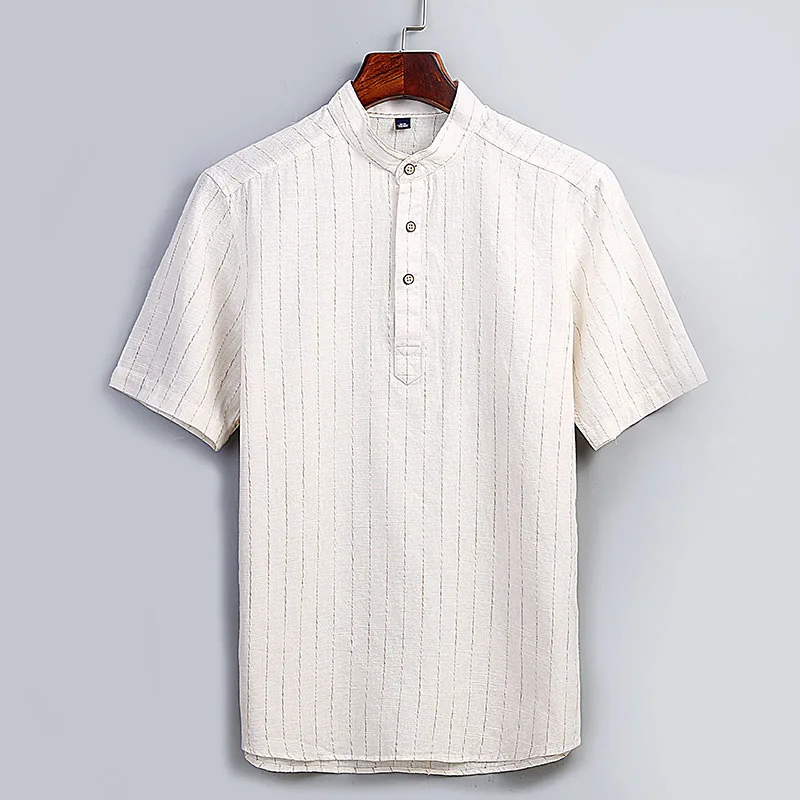 

2018 Summer Henry Collars Short Sleeves T Shirts Thin Men Chinese Style Cotton Linen T-shirt Stripe T Shirt Masculina Khaki