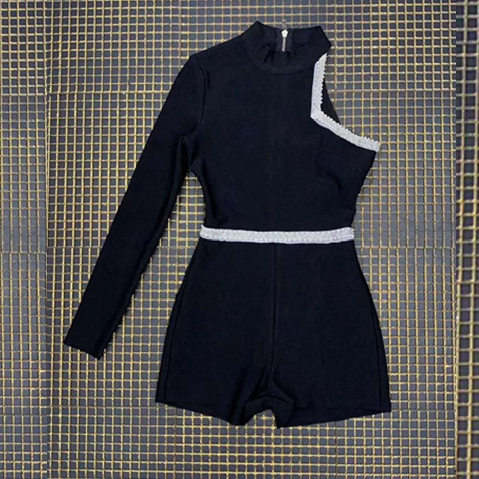 

2019 New Sexy Chic Summer Black Bandage Playsuit Beads Long Sleeve One Shoulder Bodycon Zipper Jumpsuits Verano Dropshipping