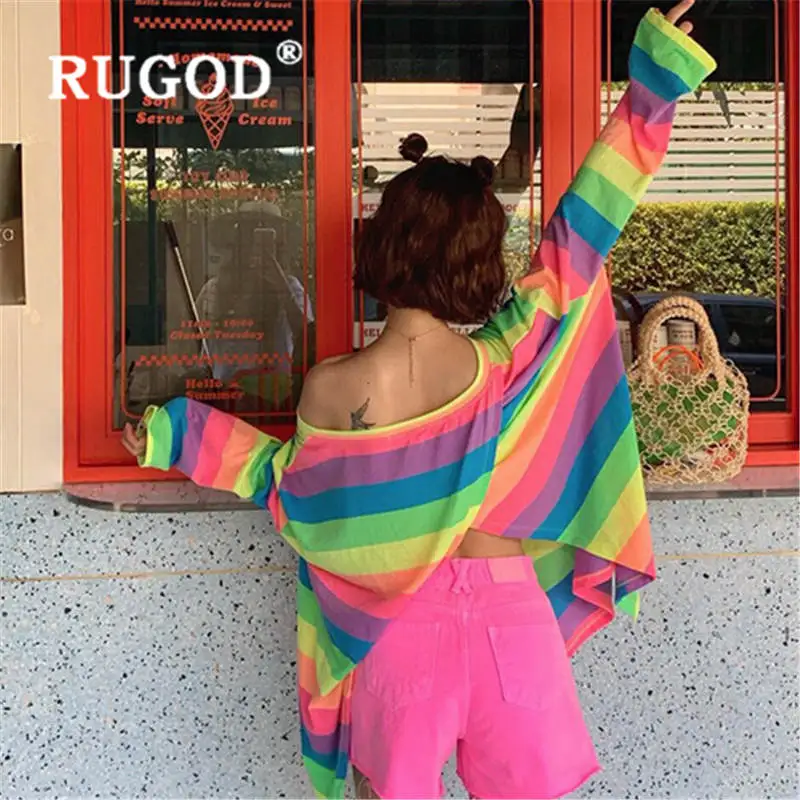 RUGOD Женские топы и блузки в радужную полоску с разрезом сзади большим круглым