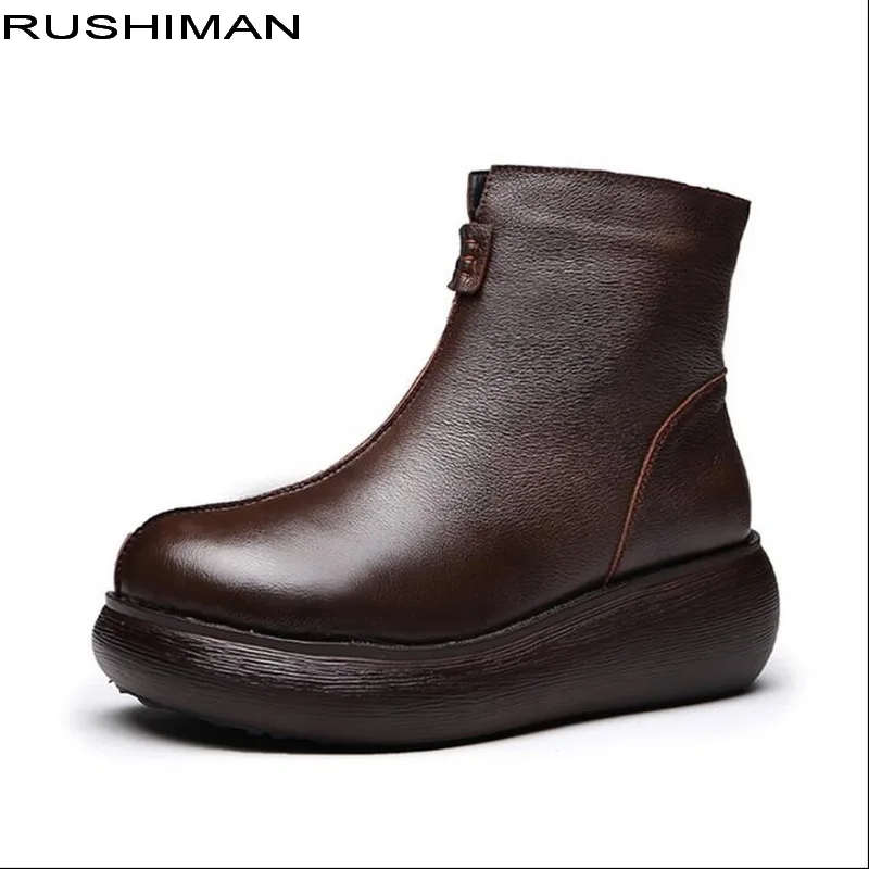 

2018 Autumn Winter New Fashion Platform Boots Women Retro Genuine Leather Ankle Boots Handmade Soft Martin Shoes Ladies Wedges