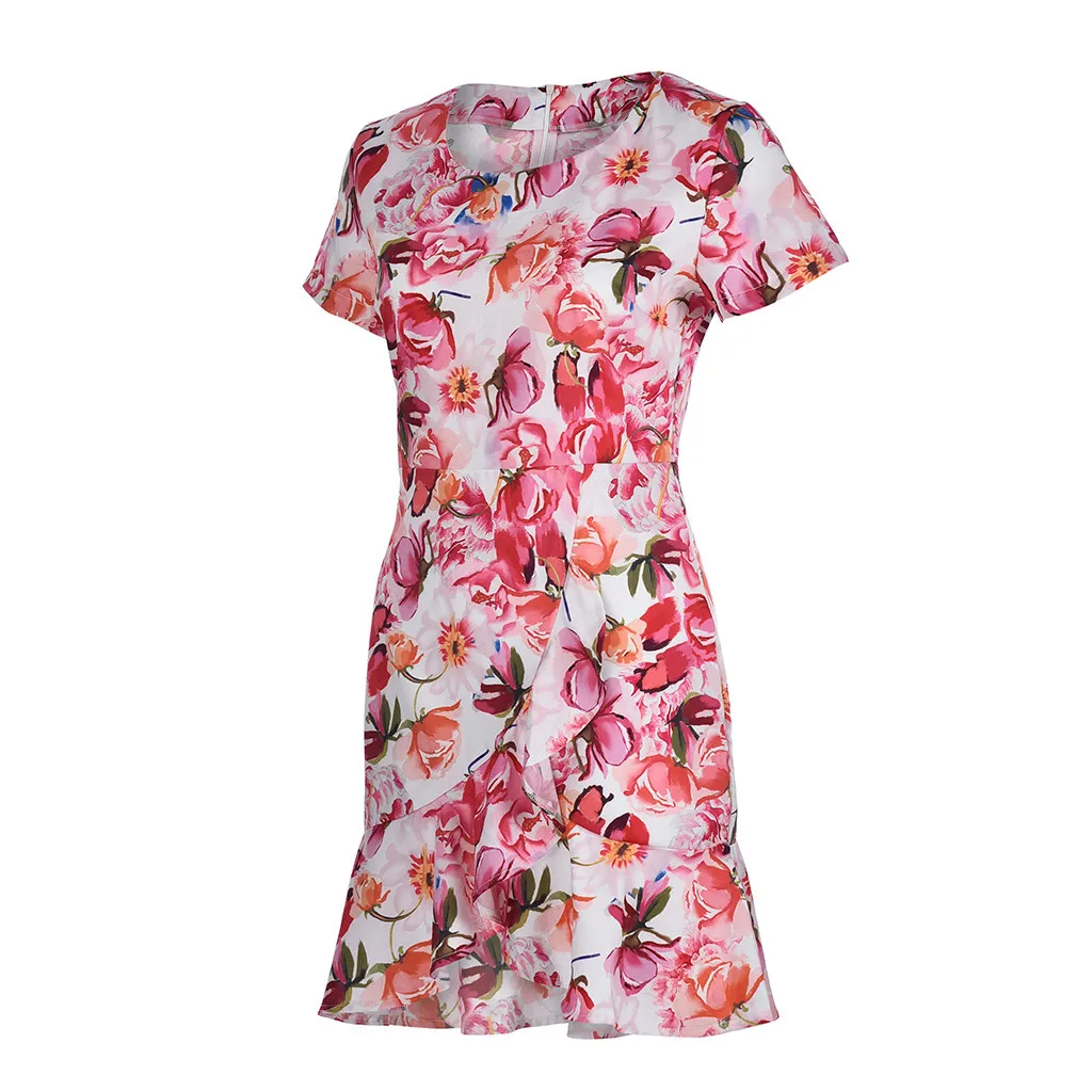 Летние Для женщин с цветочным принтом О образным вырезом коротким рукавом