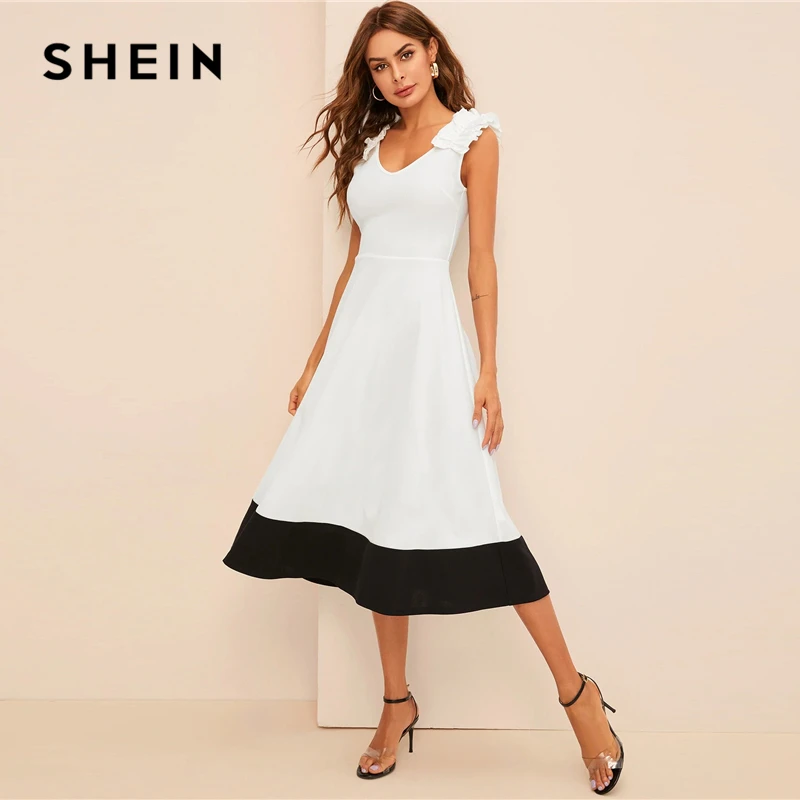 SHEIN Контрастное Платье С Молнией Сзади Женское Белое Элегантное Платье С V-Образным Вырезом И Без Рукавов