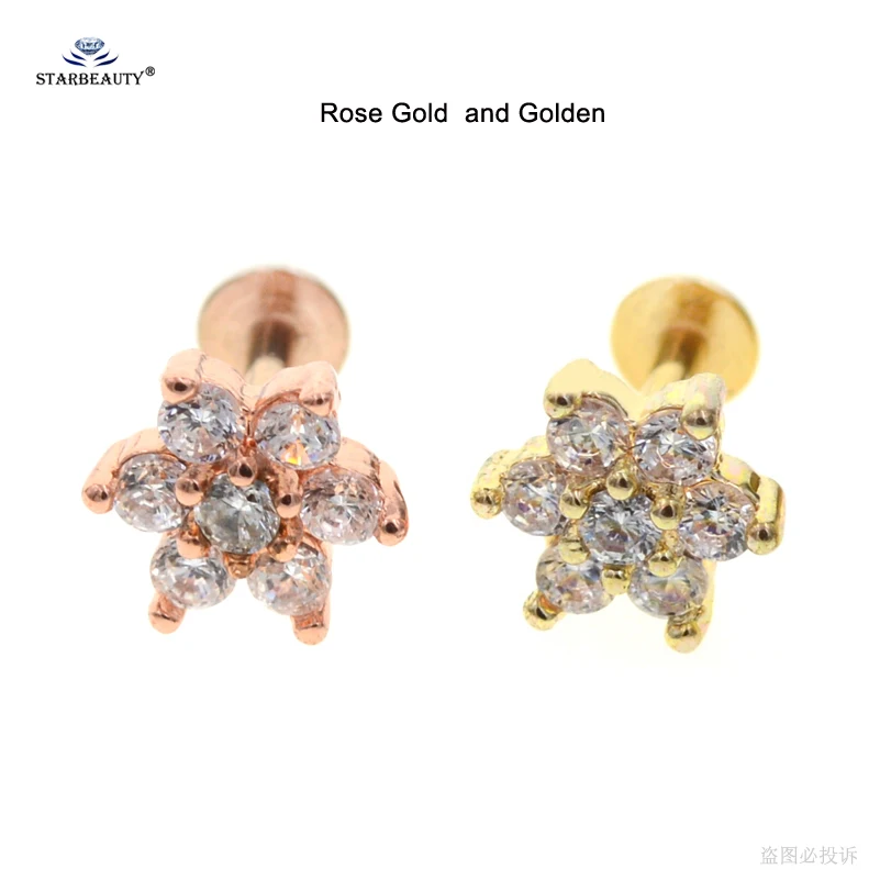 Golden and Rose Gold 2 шт., 16 г, прозрачный драгоценный камень, цветок, Лабрет, пирсинг для губ, Oreja, спиральный для хряща, серьги, трагус, пирсинг, серьги-гвоздики, пирсинг с плоской задней частью - Окраска металла: Golden and Rose Gold