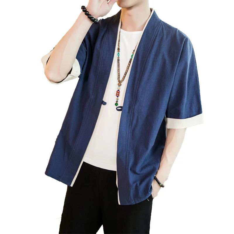

Summer Short Sleeve Open Stitch Casual Coats Male Taoist Robe Loose Kimono Jackets Men Cotton Linen Mens Jacket Coat Plus Size