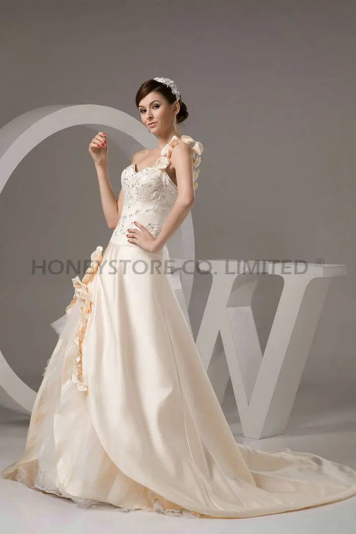 Wedding Dress Short Lace Dresses Satin Weddings A-Line Court Train Embroidery Sweetheart One Shoulder Sleeveless Dro 2015 Outlet |