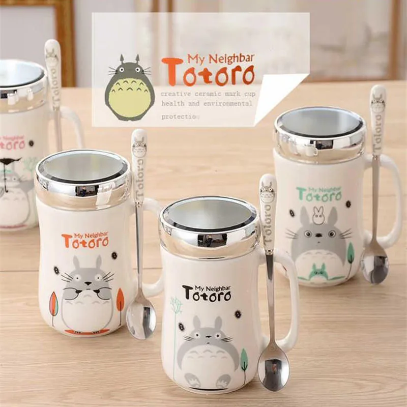 450ml Doraemon Ceramic Coffee Mugs with Mirror Lid and Spoon Cute Totoro Tea Cup Milk Mug for Women Girls Student Teen