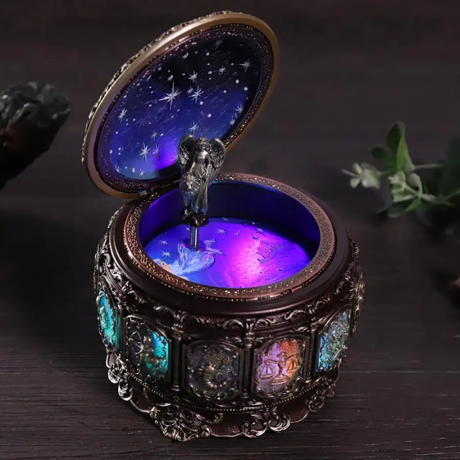 Музыкальные коробки винтажная Музыкальная шкатулка с 12 созвездиями вращающийся богиня Мерцающий СВЕТОДИОДНЫЙ светильник подарок на день рождения Горячая Распродажа