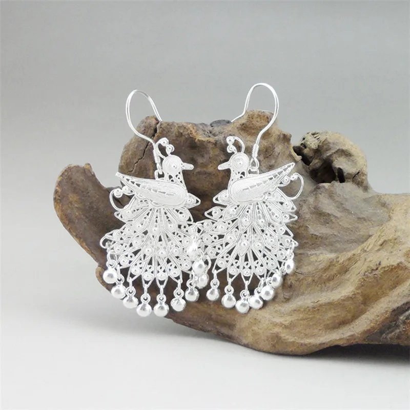 Vintage Korean Big Earrings For Women 2019 Statement Ethnic Tassel Drop Earings Metal Sterling Silver Peacock Handcraft Designs | Украшения