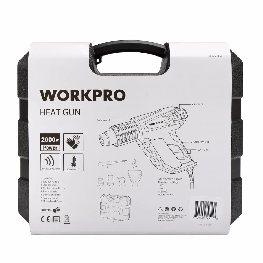 WORKPRO 220V Тепловая пушка 2000 Вт промышленный Электрический фена терморегулятор тепла Пистолеты для упаковки в термоусадочную пленку Термальность нагреватель Пластик коробка