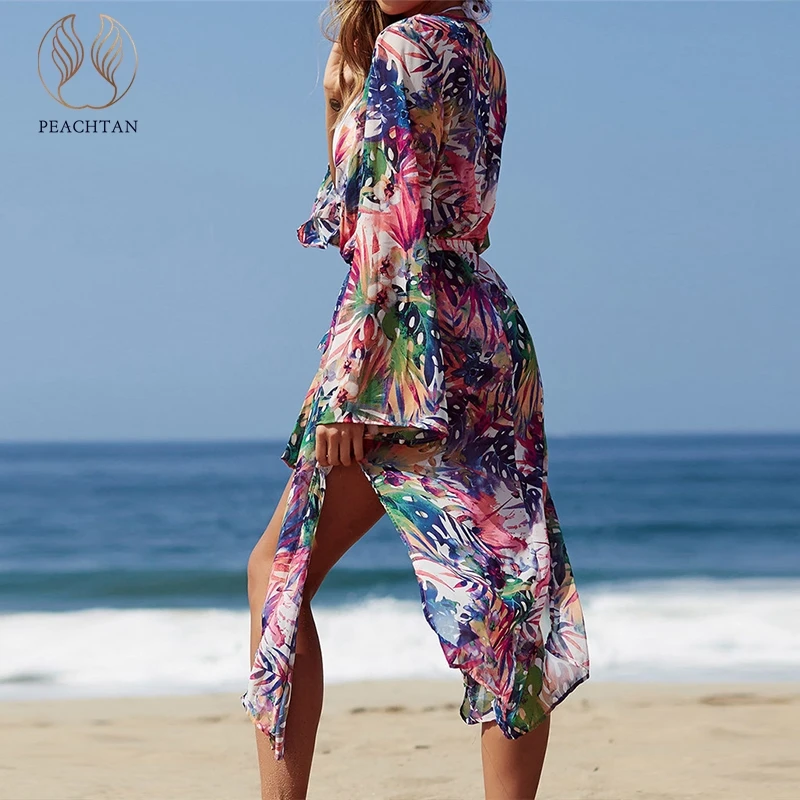 Пляжное платье туника caftan с длинным рукавом и принтом 2019|Пляжная одежда| |