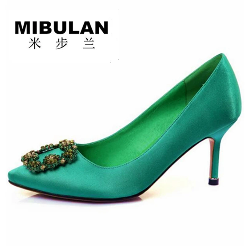 

Free shipping female colorful diamond buckle Green color silk stain wedding pumps women's green color crystal buckle party pumps