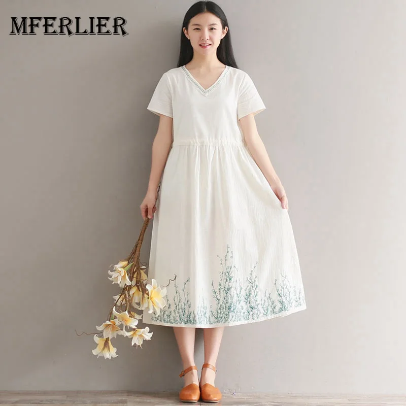 Mfelier летнее платье футболка Mori Girl с v образным вырезом и коротким рукавом