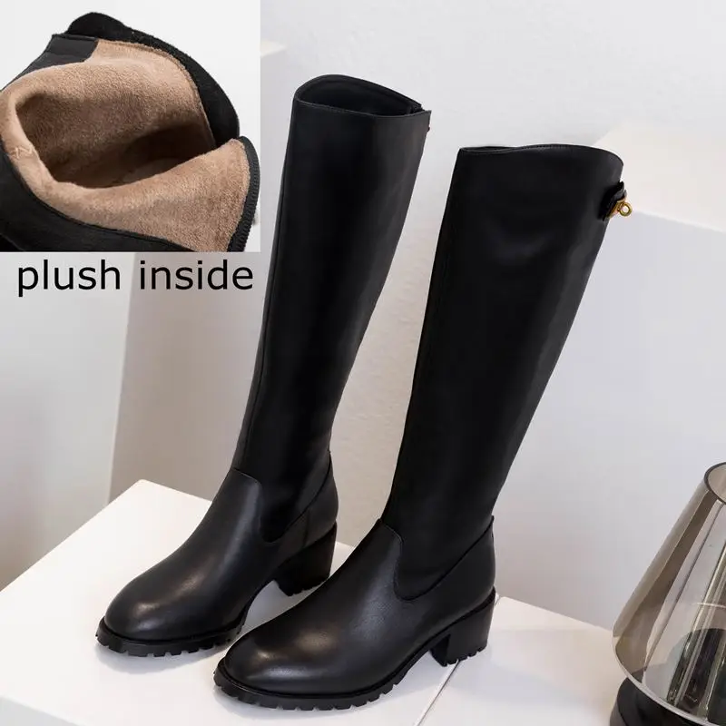 plush inside ALLBITEFO/высококачественные женские сапоги до колена из натуральной и искусственной кожи на толстом каблуке новые зимние женские сапоги высокие сапоги на высоком каблуке - Цвет: plush inside