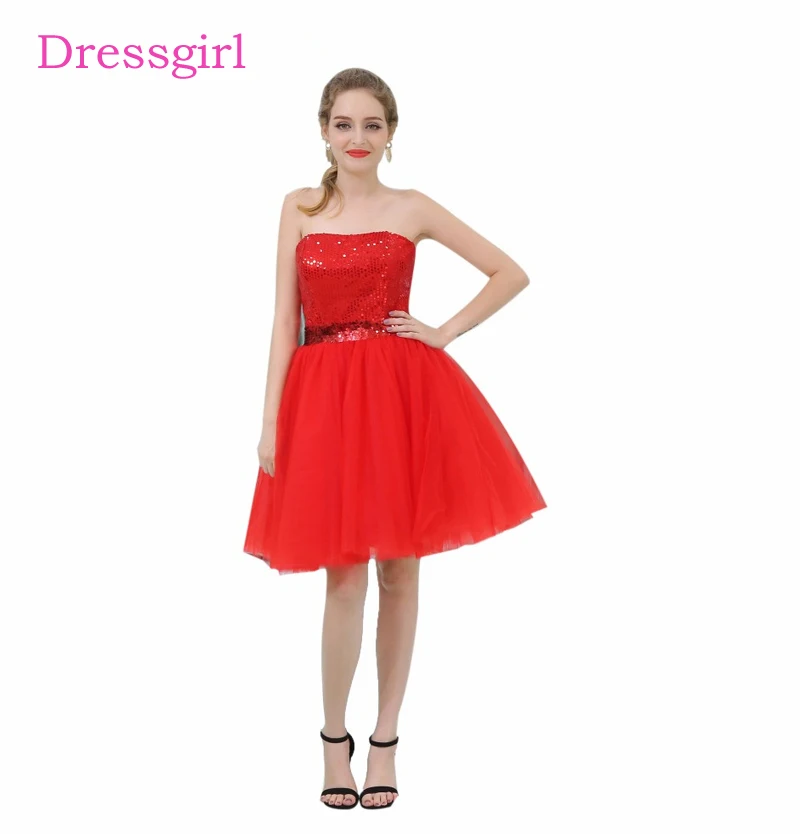 

Red Homecoming Dresses A-line Strapless Short Mini Sequins Sparkle Backless Elegant Cocktail Dresses