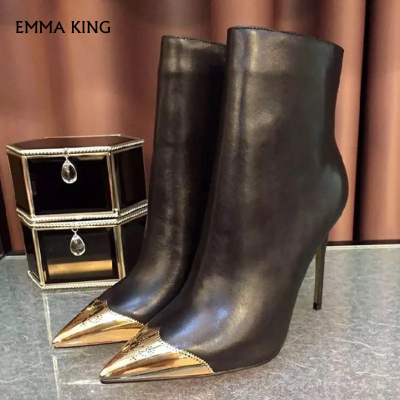 Emma king/Соблазнительные Черные и золотые Модные ботильоны на шпильках с острым