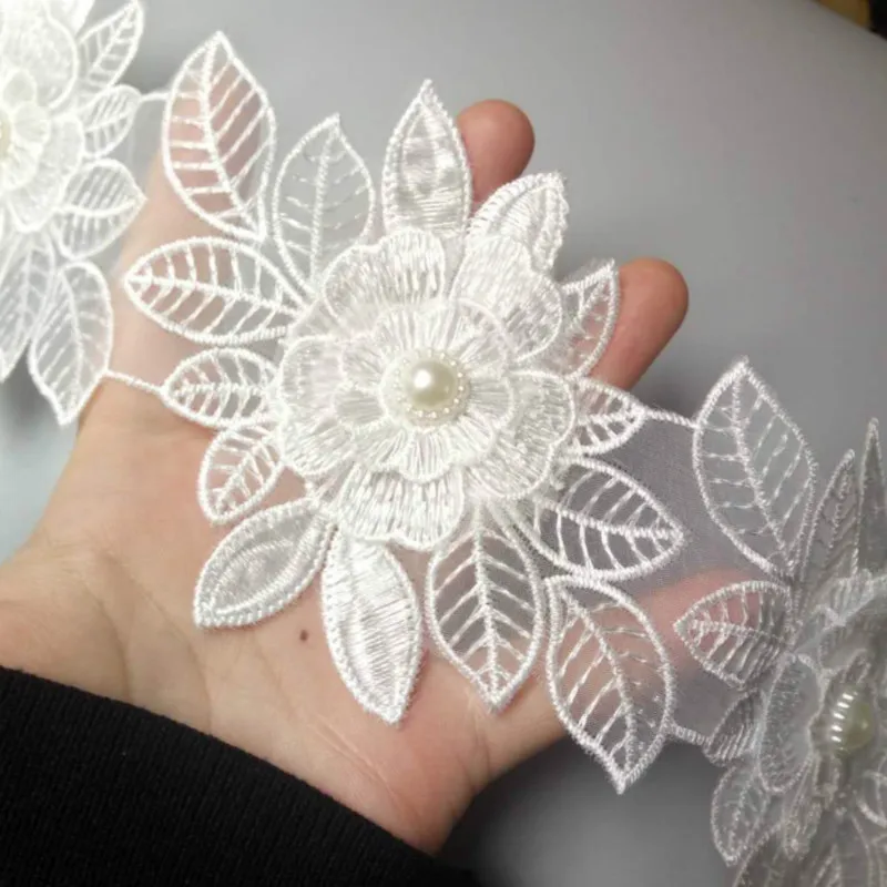 2 ярдов белый жемчуг цветок лист ручной работы вышитый бисером кружева снежинки