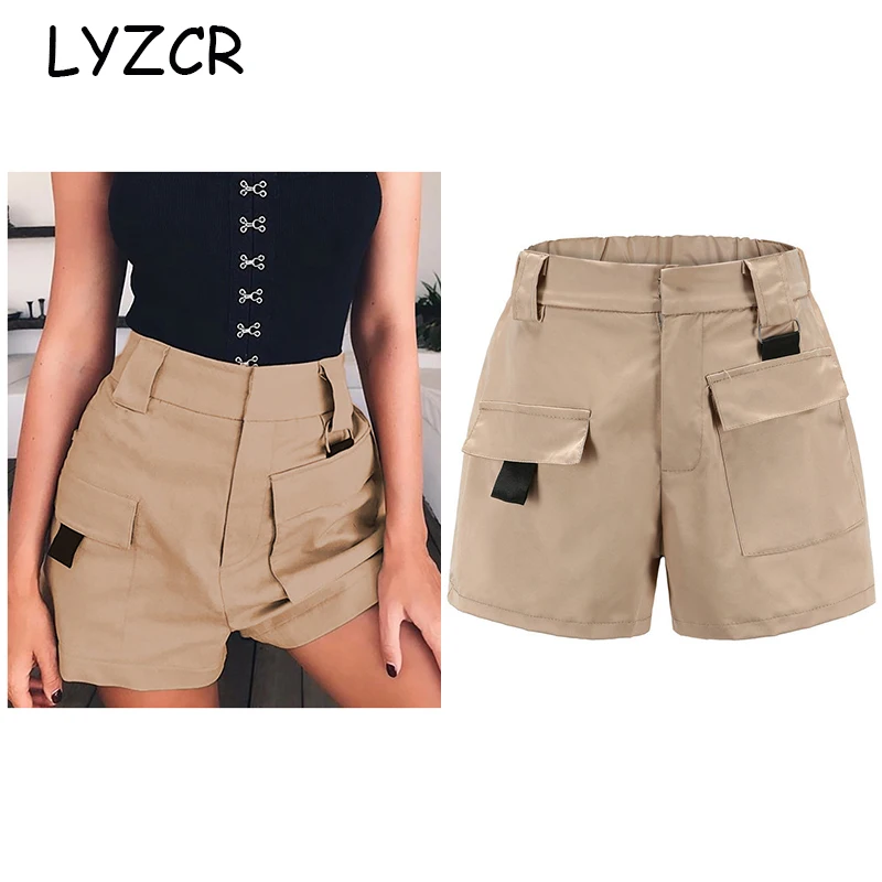 Женские шорты с высокой талией повседневные свободные черные цвета хаки в