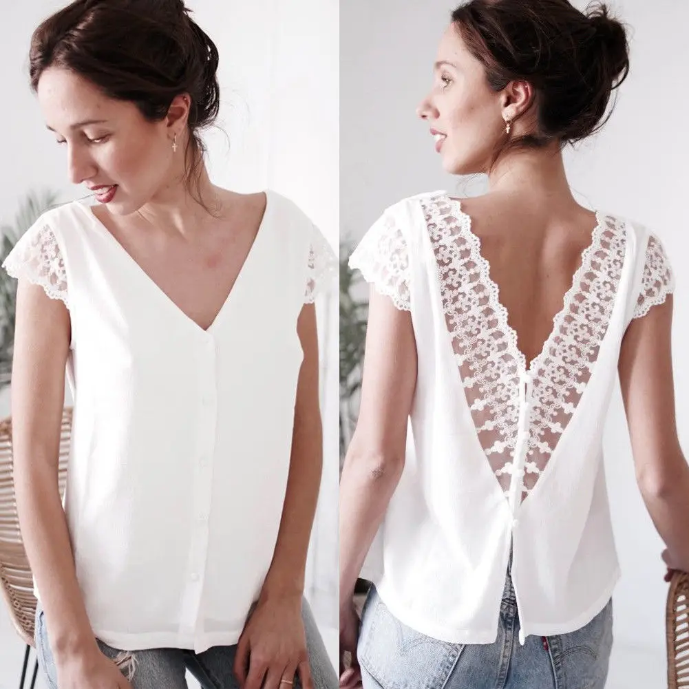 Для женщин Boho Летний Свободный шифон повседневная с коротким рукавом кружевная блузка дамы V образным вырезом твердые белые блузки открытой спиной Haut Femme