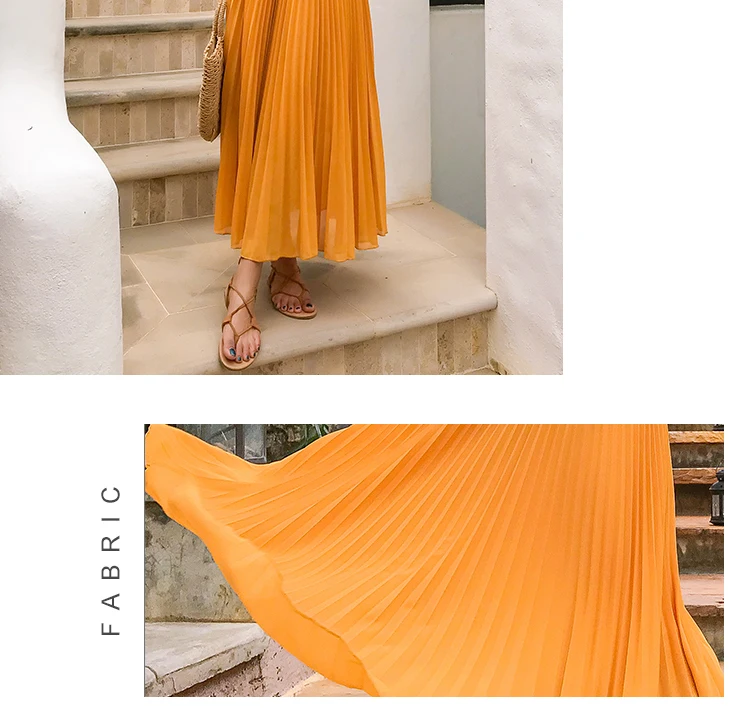 Summer Long Skirts Womens High Waist Vintage Boho Pleated Skirts Solid Color Chiffon Beach Maxi Skirt For Women Saia Faldas