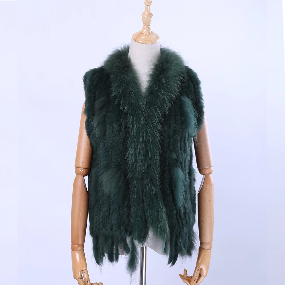 2022 New Women's Lady Genuine Real Knitted Rabbit Fur Vests tassels Raccoon Fur Trimming Collar Waistcoat Fur Sleeveless Gilet