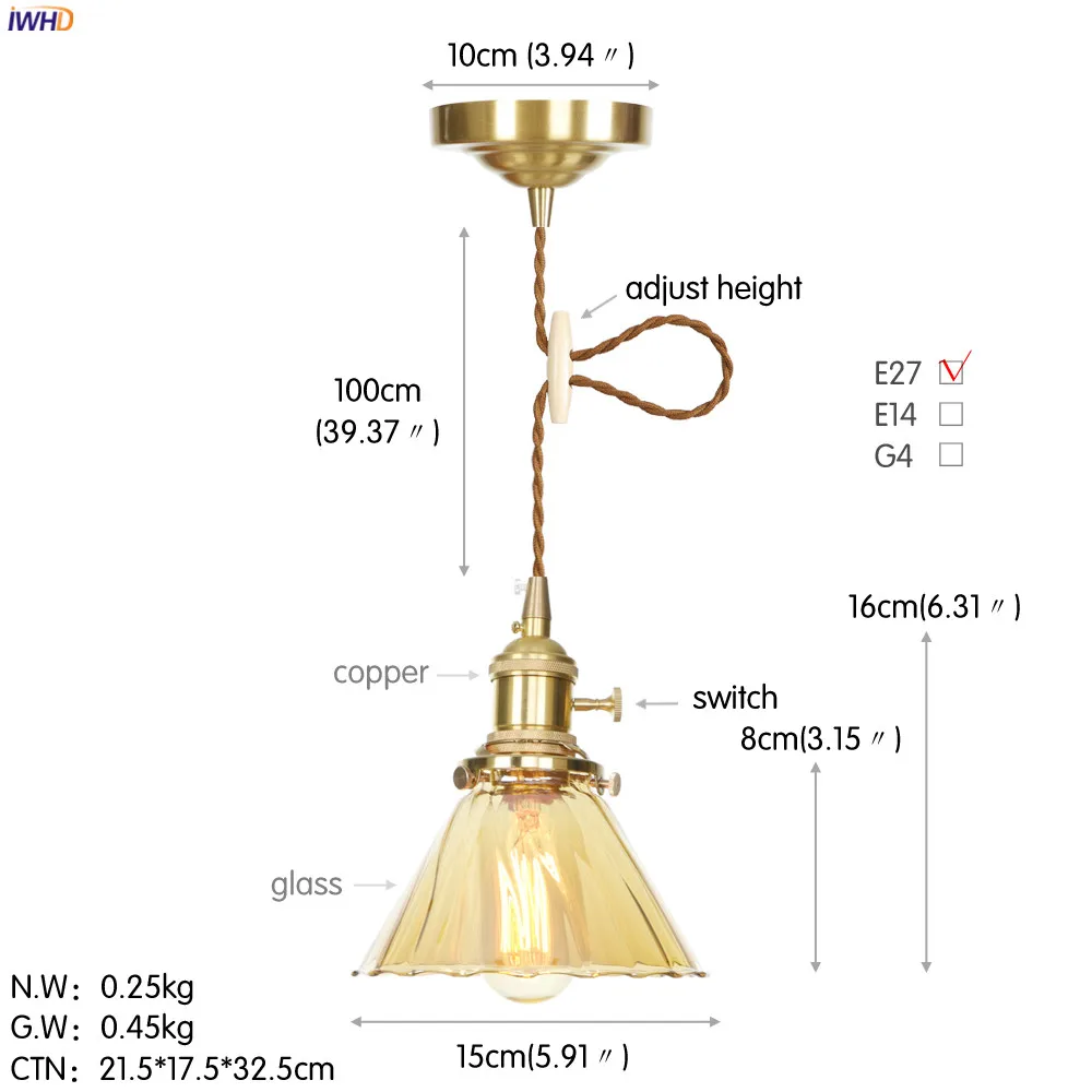 IWHD Nordic Glass Copper Pendant Light Fixtures Dinning Living Room Edison Vintage Hanging Lamp Hanglamp Suspension Luminaire | Лампы и