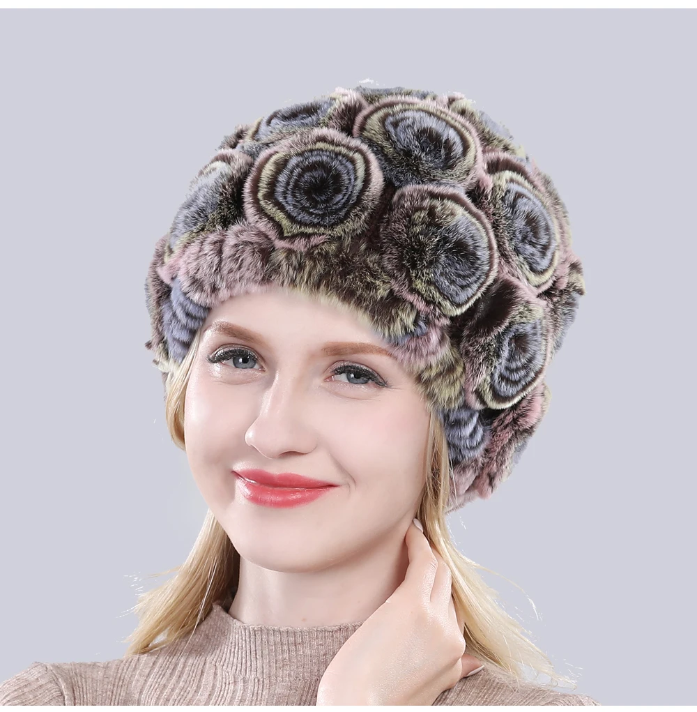 Новинка, женские вязаные шапки с цветочным рисунком, натуральный мех кролика Рекс, шапки, зимние женские шапки с натуральным мехом, Хорошие эластичные шапки из натурального меха