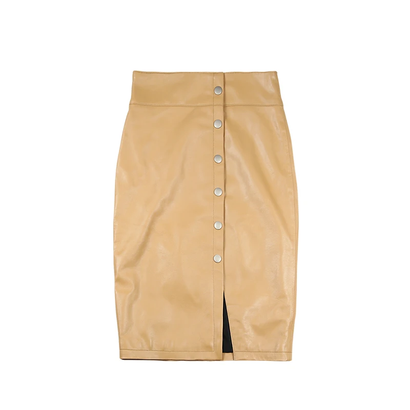 RYS8340 Fashion Style 2020 Winter Genuine Leather Skirt Women Buttocks 60 cm Long Saias Female Beige/Black Buckles Faldas