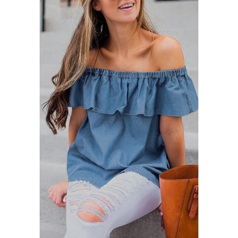 

Hot fashion Women casual Off Shoulder blouses short sleeve summer ruffles solid loose shirts blouses tops