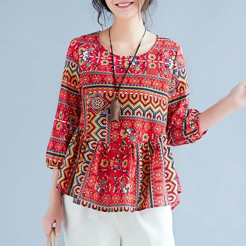Boho Стиль принт Для женщин топы и блузка 2018 Осенняя мода Фонари с длинными