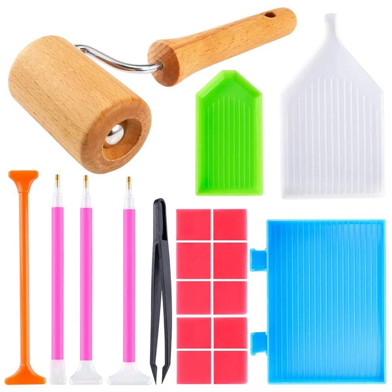 

19 Pcs 5D DIY Diamond Painting Cross Stitch Tools Diamond Stitch Pen Tweezers Glue Plastic Tray and Wooden Roller for Art Craft