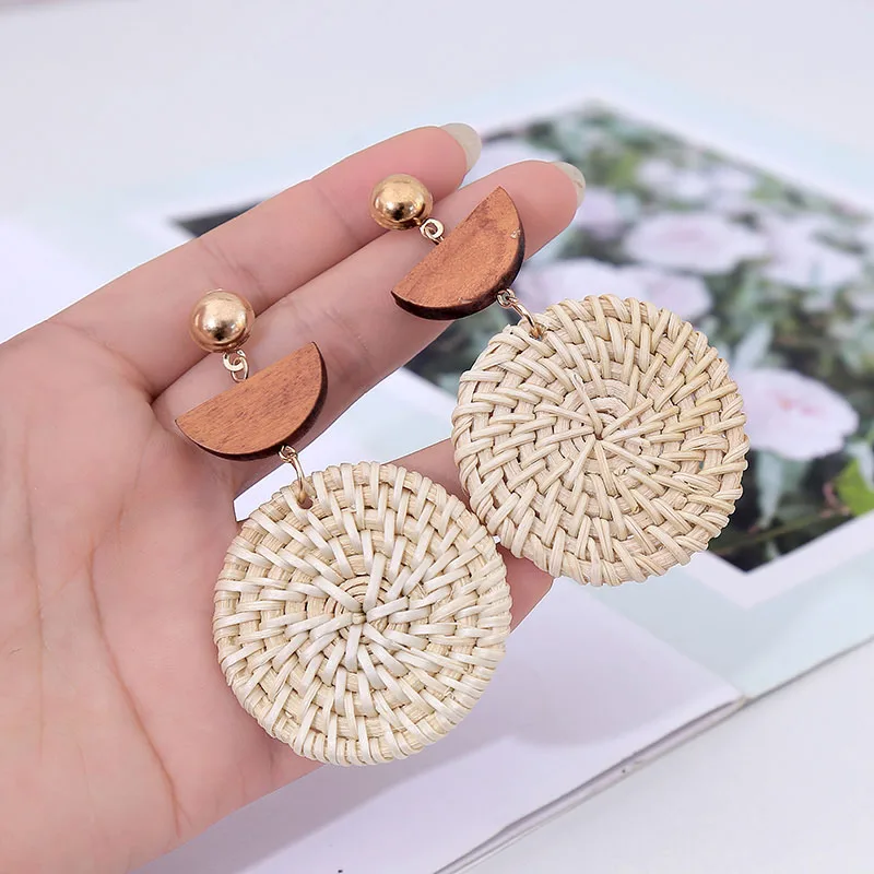 Женские Висячие серьги ручной работы винтажные круглые из ротанга
