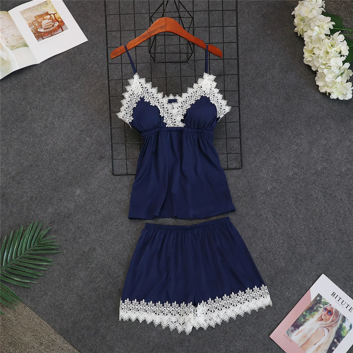 Темно-синие сексуальные женские пижамные комплекты из 2 предметов: топ на